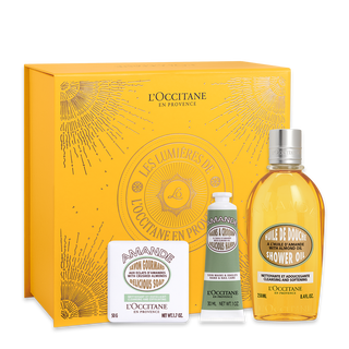 Presente Amêndoa com Sabonete, Óleo de Banho e Creme de Mãos,  Presente Amêndoa com Sabonete, Óleo de Banho e Creme de Mãos